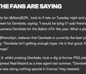 外网球迷怒赞登贝莱：金球非他莫属！姆巴佩在法国也就那么回事